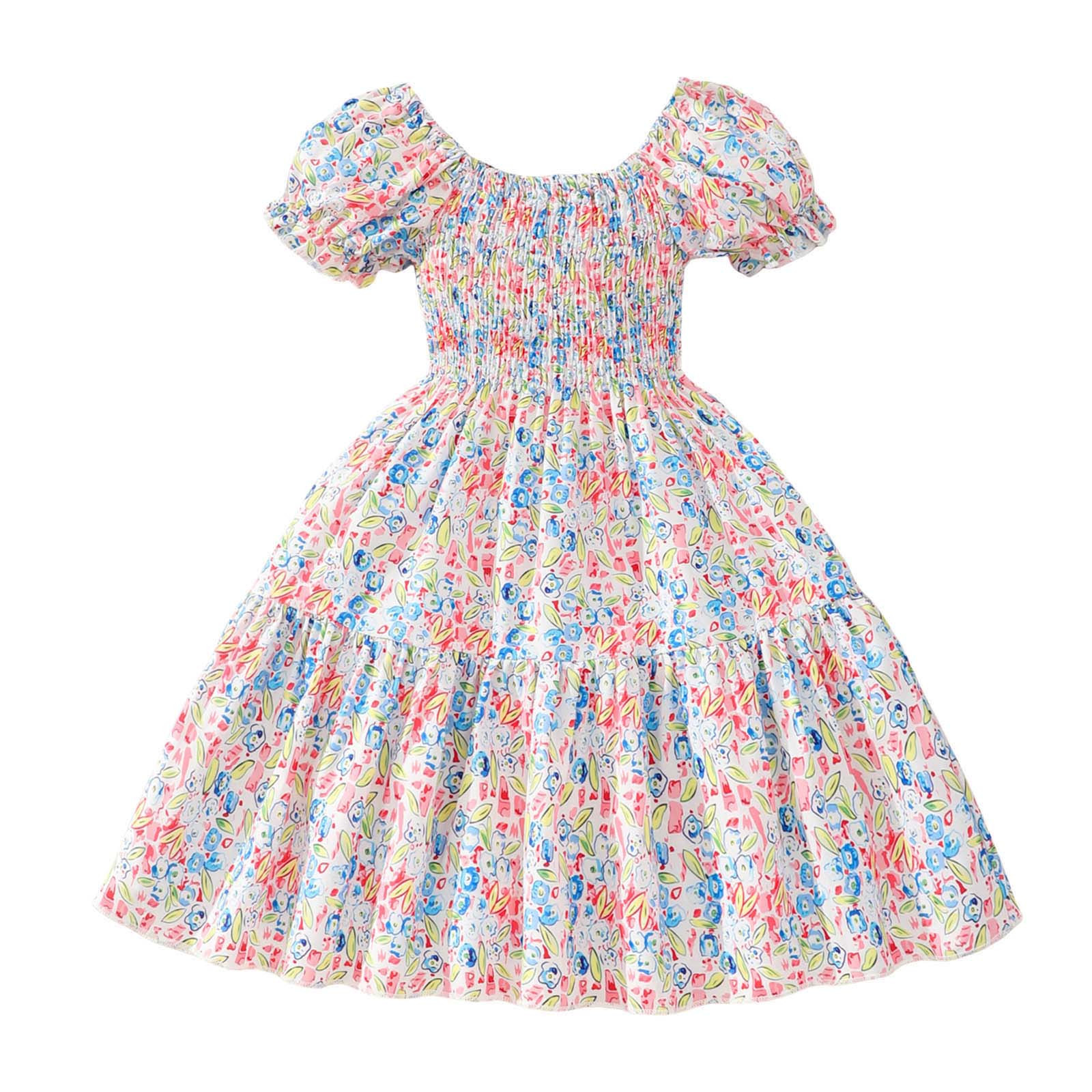 Odeerbi Toddler Girls Summer Floral Dress Puff Short Sleeve Pleated Tiered Dress A-Line Dress Little Girls Fresh Style Printed Dress Toddler Clothes Multicolor